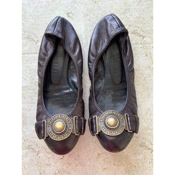 Burberry Womens Leather Ballet Flats With Gold Logo Buckle Brown Size 37 - Picture 11 of 11